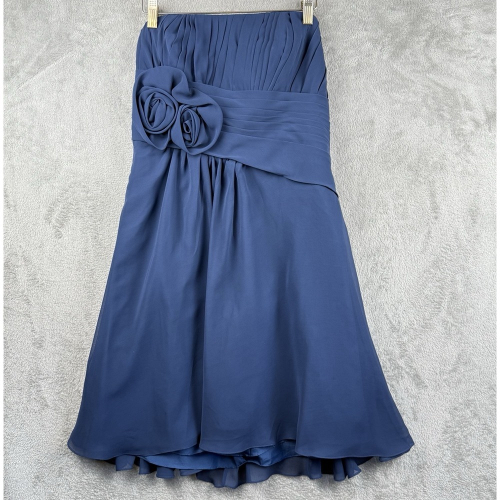 David's Bridal Bridesmaid Dress Womens 14 Navy Blue Strapless Chiffon Floral